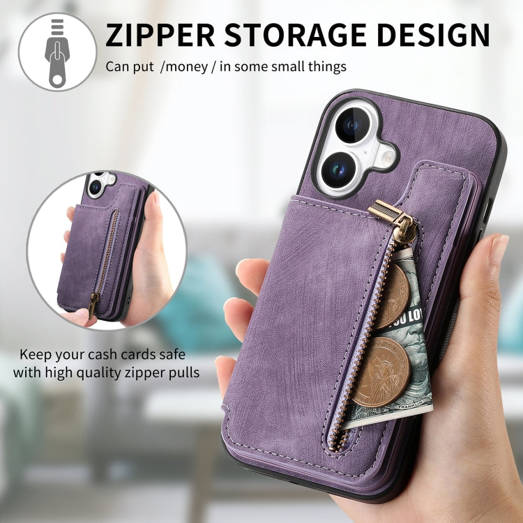 For iPhone 16 Plus Retro Leather Zipper Wallet Back Phone Case(Purple) - More iPhone Cases by buy2fix | Online Shopping UK | buy2fix