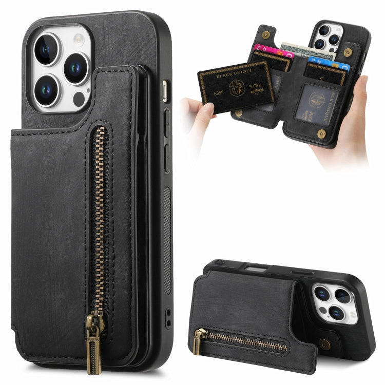 For iPhone 16 Pro Max Retro Leather Zipper Wallet Back Phone Case(Black) - More iPhone Cases by buy2fix | Online Shopping UK | buy2fix