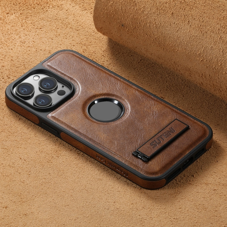 For iPhone 13 Pro Suteni G2 Magsafe Oil Wax Leather Back Phone Case with Holder(Brown) - iPhone 13 Pro Cases by Suteni | Online Shopping UK | buy2fix