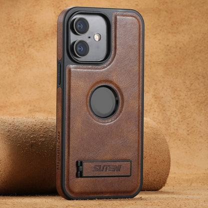 For iPhone 16 Suteni G2 Magsafe Oil Wax Leather Back Phone Case with Holder(Brown) - iPhone 16 Cases by Suteni | Online Shopping UK | buy2fix