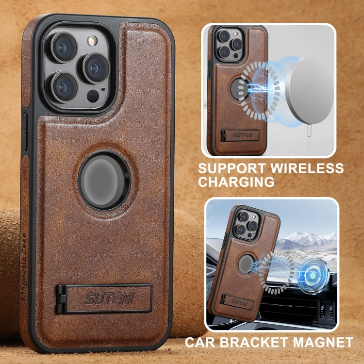 For iPhone 16 Suteni G2 Magsafe Oil Wax Leather Back Phone Case with Holder(Brown) - iPhone 16 Cases by Suteni | Online Shopping UK | buy2fix