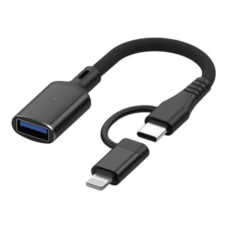 JS-112 2 in 1 USB Male to USB-C / Type-C / 8 Pin OTG Adapter Cable, Length: 15cm(Black) - Converter & Adapter by buy2fix | Online Shopping UK | buy2fix