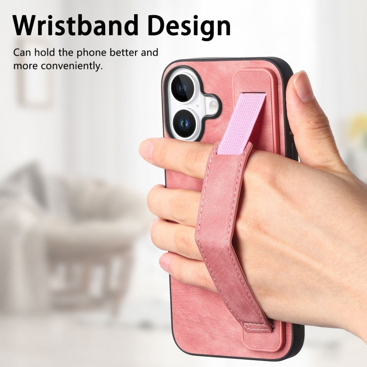 For iPhone 16 Plus Retro Wristband Holder Leather Back Phone Case(Pink) - iPhone 16 Plus Cases by buy2fix | Online Shopping UK | buy2fix