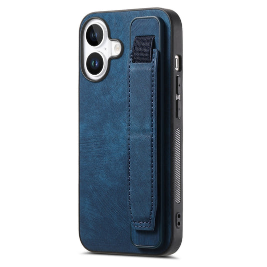 For iPhone 16 Plus Retro Wristband Holder Leather Back Phone Case(Blue) - iPhone 16 Plus Cases by buy2fix | Online Shopping UK | buy2fix