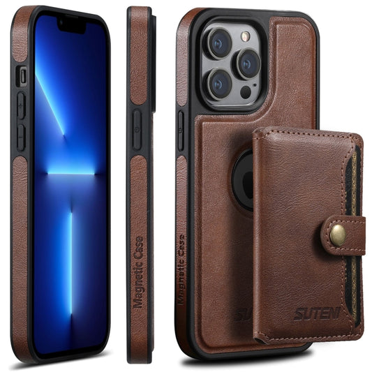 For iPhone 13 Pro Suteni M1 Oil Wax MagSafe Detachable Horizontal Card Bag Phone Case(Brown) - iPhone 13 Pro Cases by Suteni | Online Shopping UK | buy2fix