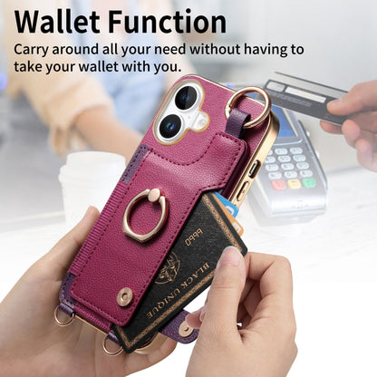 For iPhone 16 Fashion Ring Card Bag Phone Case with Hang Loop(Purple) - iPhone 16 Cases by buy2fix | Online Shopping UK | buy2fix