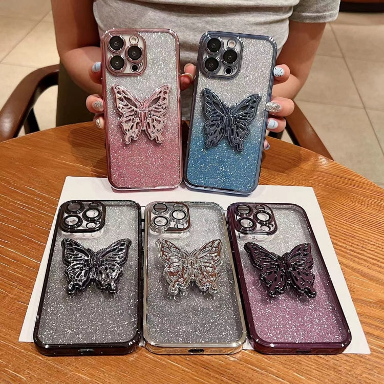 For iPhone 16 Pro Max Electroplated Gradient Glitter 3D Butterfly TPU Phone Case(Gradient Silver) - iPhone 16 Pro Max Cases by buy2fix | Online Shopping UK | buy2fix