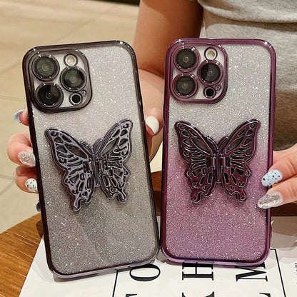 For iPhone 16 Electroplated Gradient Glitter 3D Butterfly TPU Phone Case(Gradient Blue) - iPhone 16 Cases by buy2fix | Online Shopping UK | buy2fix