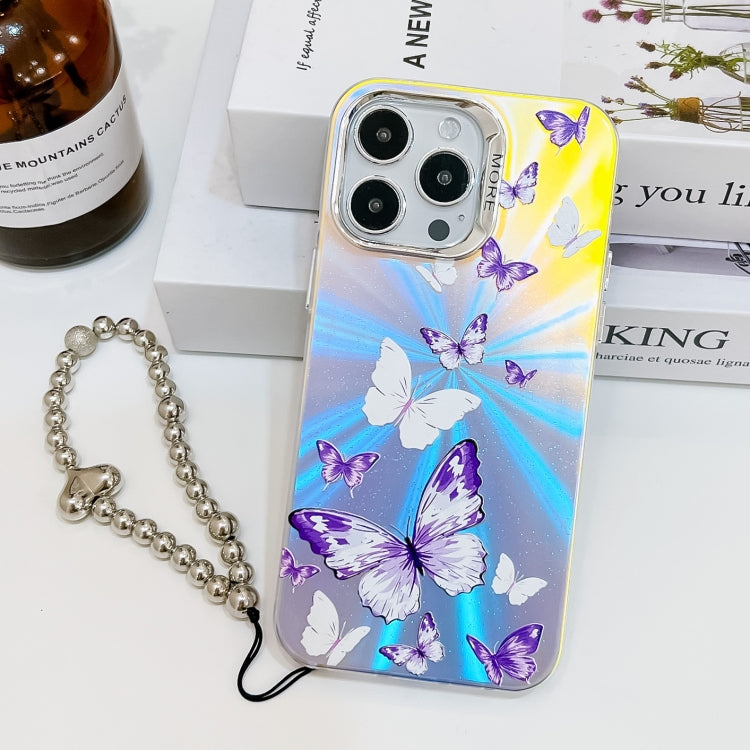 For iPhone 16 Pro Electroplating Laser Butterfly Phone Case with Wrist Strap(White Purple Butterflies AB6) - iPhone 16 Pro Cases by buy2fix | Online Shopping UK | buy2fix