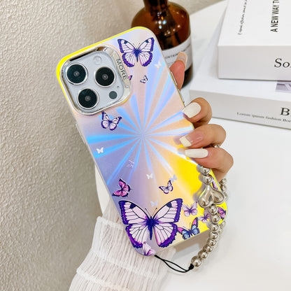 For iPhone 16 Electroplating Laser Butterfly Phone Case with Wrist Strap(Purple Butterflies AB3) - iPhone 16 Cases by buy2fix | Online Shopping UK | buy2fix