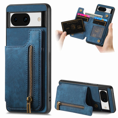 For Google Pixel 9 Pro XL Retro Leather Zipper Wallet Back Phone Case(Blue) - Google Cases by buy2fix | Online Shopping UK | buy2fix