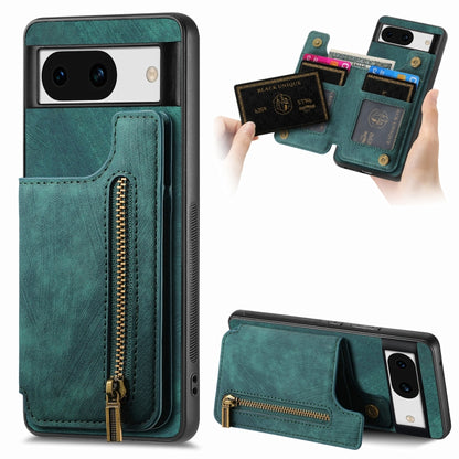 For Google Pixel 9 Pro XL Retro Leather Zipper Wallet Back Phone Case(Green) - Google Cases by buy2fix | Online Shopping UK | buy2fix