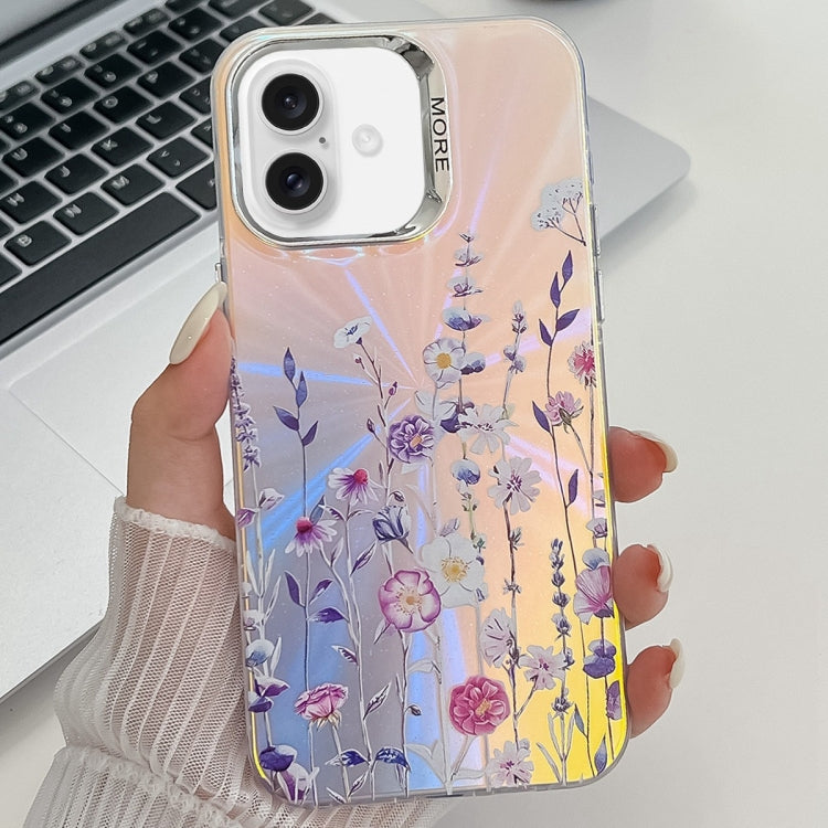 For iPhone 16 Plus Electroplating Laser Flower Texture TPU Phone Case(Flower AH1) - iPhone 16 Plus Cases by buy2fix | Online Shopping UK | buy2fix