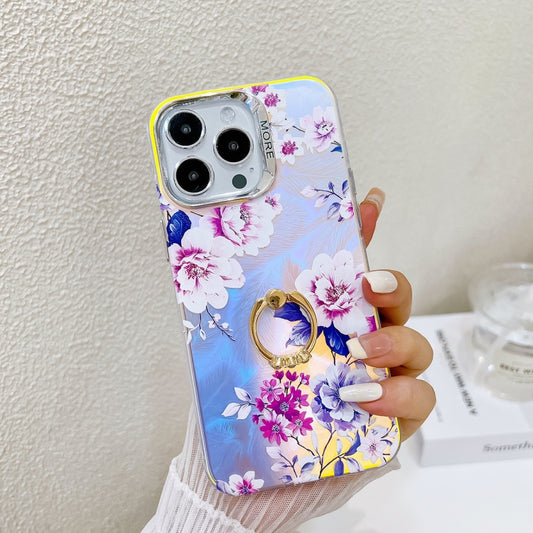 For iPhone 16 Pro Electroplating Laser Flower Ring Holder TPU Phone Case(Peony AH11) - iPhone 16 Pro Cases by buy2fix | Online Shopping UK | buy2fix