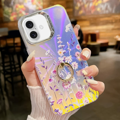 For iPhone 16 Plus Electroplating Laser Flower Ring Holder TPU Phone Case(Flower AH1) - iPhone 16 Plus Cases by buy2fix | Online Shopping UK | buy2fix