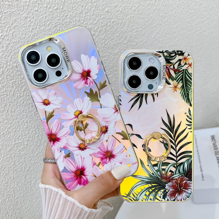 For iPhone 16 Plus Electroplating Laser Flower Ring Holder TPU Phone Case(White Flower AH10) - iPhone 16 Plus Cases by buy2fix | Online Shopping UK | buy2fix