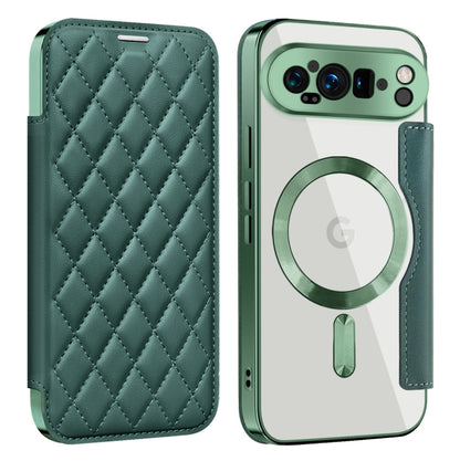 For Google Pixel 9 Pro Shield Magsafe RFID Anti-theft Rhombus Leather Phone Case(Green) - Google Cases by buy2fix | Online Shopping UK | buy2fix