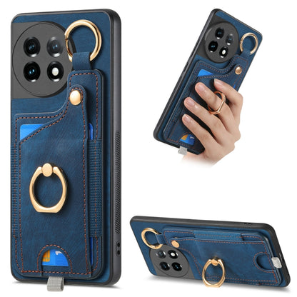 For OnePlus 11 Retro Skin-feel Ring Card Bag Phone Case with Hang Loop(Blue) - OnePlus Cases by buy2fix | Online Shopping UK | buy2fix