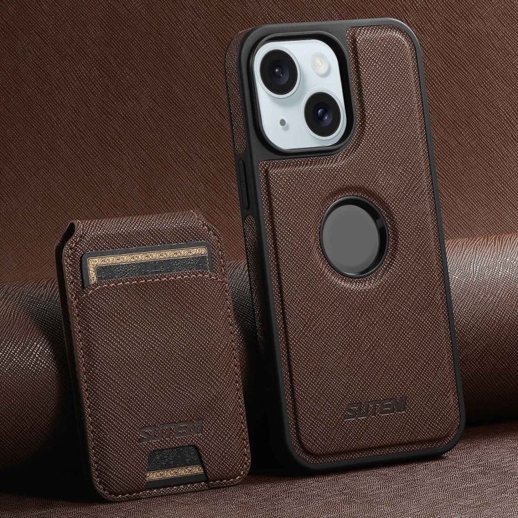 For iPhone 15 Plus Suteni M2 Cross-Grain MagSafe Vertical Card Back Phone Case(Brown) - iPhone 15 Plus Cases by Suteni | Online Shopping UK | buy2fix