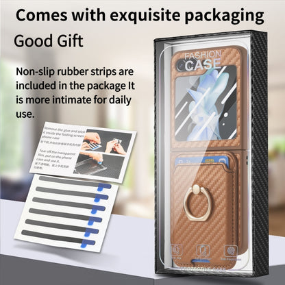 For Samsung Galaxy Z Flip6 Carbon Fiber Ring Card Bag Magsafe Phone Case(Brown) - Galaxy Z Flip6 5G Cases by buy2fix | Online Shopping UK | buy2fix