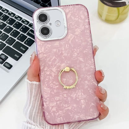 For iPhone 16 Plus Plating Glitter Texture Ring Holder TPU Phone Case with Lens Film(Pink Shell Pattern) - iPhone 16 Plus Cases by buy2fix | Online Shopping UK | buy2fix