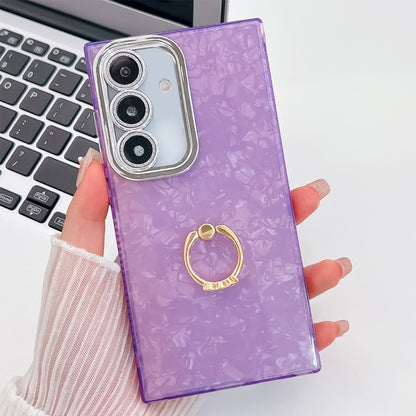 For Samsung Galaxy S25 5G Plating Glitter Texture Ring Holder TPU Phone Case with Lens Film(Purple Shell Pattern) - Galaxy S25 5G Cases by buy2fix | Online Shopping UK | buy2fix