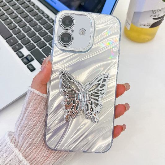 For iPhone 16 Plus Plating Glitter Texture Butterfly Holder TPU Phone Case with Lens Film(White Water Ripples) - iPhone 16 Plus Cases by buy2fix | Online Shopping UK | buy2fix