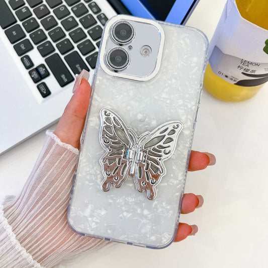 For iPhone 16 Plus Plating Glitter Texture Butterfly Holder TPU Phone Case with Lens Film(White Shell Grain) - iPhone 16 Plus Cases by buy2fix | Online Shopping UK | buy2fix