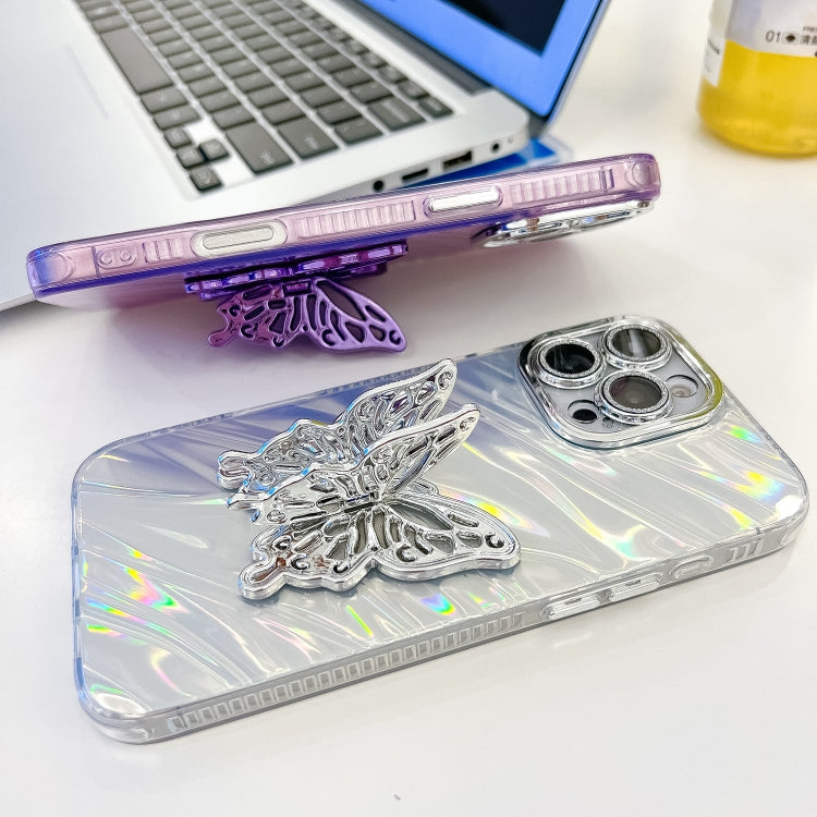 For iPhone 16 Pro Plating Glitter Texture Butterfly Holder TPU Phone Case with Lens Film(White Shell Grain) - iPhone 16 Pro Cases by buy2fix | Online Shopping UK | buy2fix