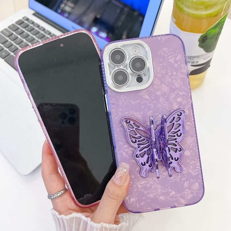 For iPhone 16 Plating Glitter Texture Butterfly Holder TPU Phone Case with Lens Film(White Feather Yarn) - iPhone 16 Cases by buy2fix | Online Shopping UK | buy2fix