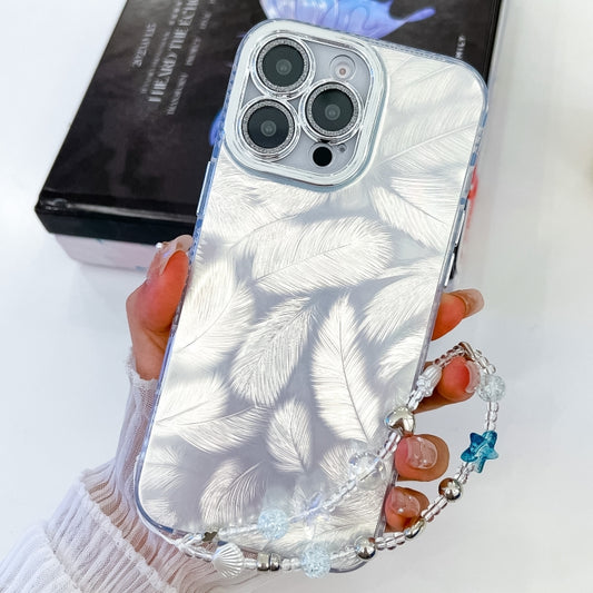 For iPhone 16 Plus Plating Glitter Texture Chain Wristband TPU Phone Case with Lens Film(White Feathers) - iPhone 16 Plus Cases by buy2fix | Online Shopping UK | buy2fix