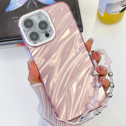 For iPhone 16 Plating Glitter Texture Chain Wristband TPU Phone Case with Lens Film(Pink Water Ripples) - iPhone 16 Cases by buy2fix | Online Shopping UK | buy2fix