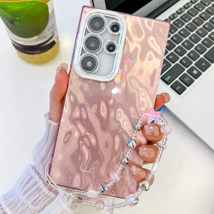 For Samsung Galaxy S25 Ultra 5G Plating Glitter Texture Chain Wristband TPU Phone Case with Lens Film(Pink Wrinkles) - Galaxy S25 Ultra 5G Cases by buy2fix | Online Shopping UK | buy2fix