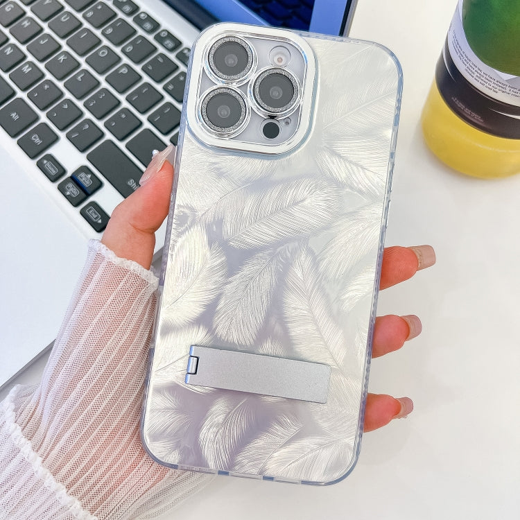 For iPhone 16 Pro Max Plating Glitter Texture Fold Holder TPU Phone Case with Lens Film(White Feathers) - iPhone 16 Pro Max Cases by buy2fix | Online Shopping UK | buy2fix