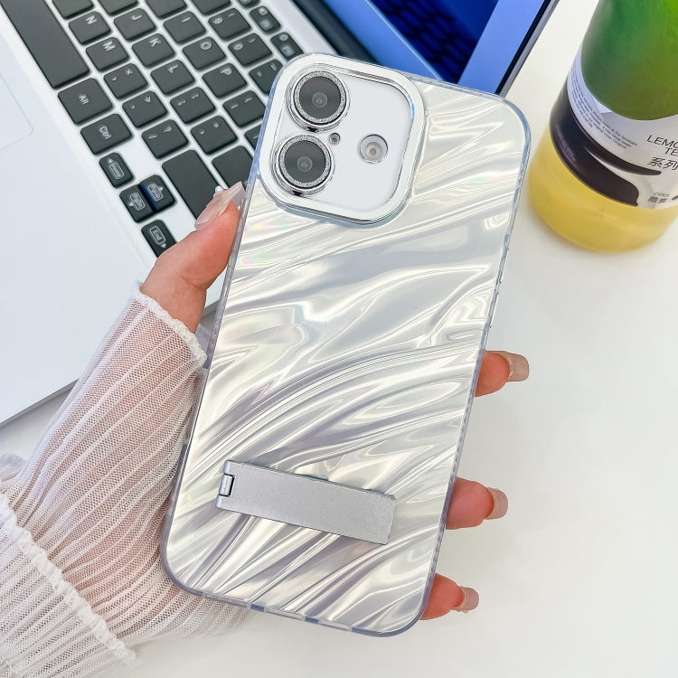 For iPhone 16 Plating Glitter Texture Fold Holder TPU Phone Case with Lens Film(White Water Ripples) - iPhone 16 Cases by buy2fix | Online Shopping UK | buy2fix