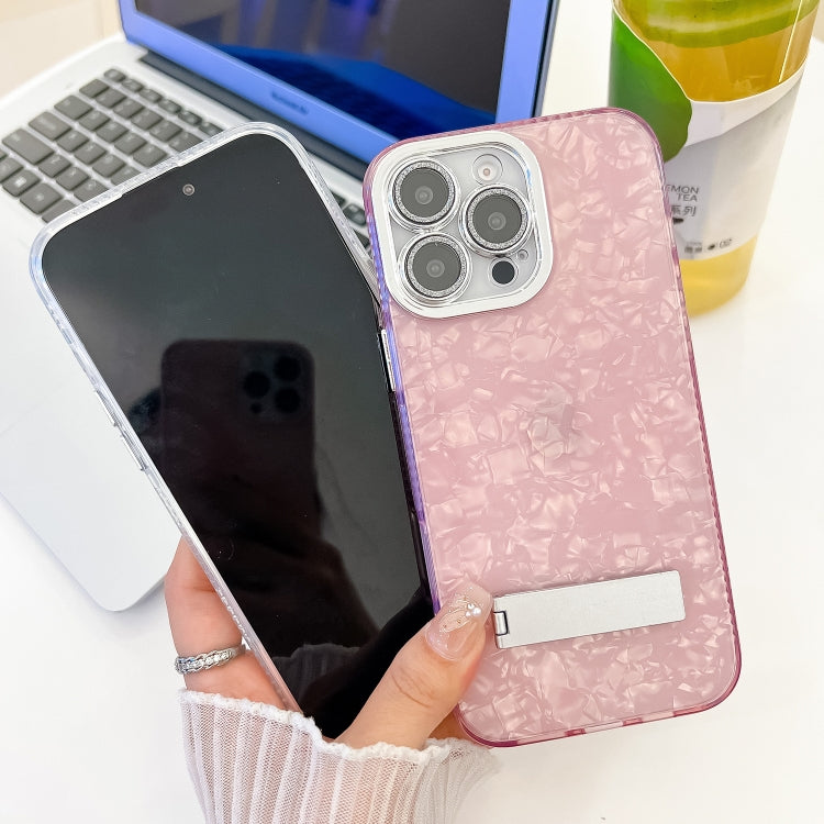 For iPhone 16 Plus Plating Glitter Texture Fold Holder TPU Phone Case with Lens Film(Purple Water Ripples) - iPhone 16 Plus Cases by buy2fix | Online Shopping UK | buy2fix