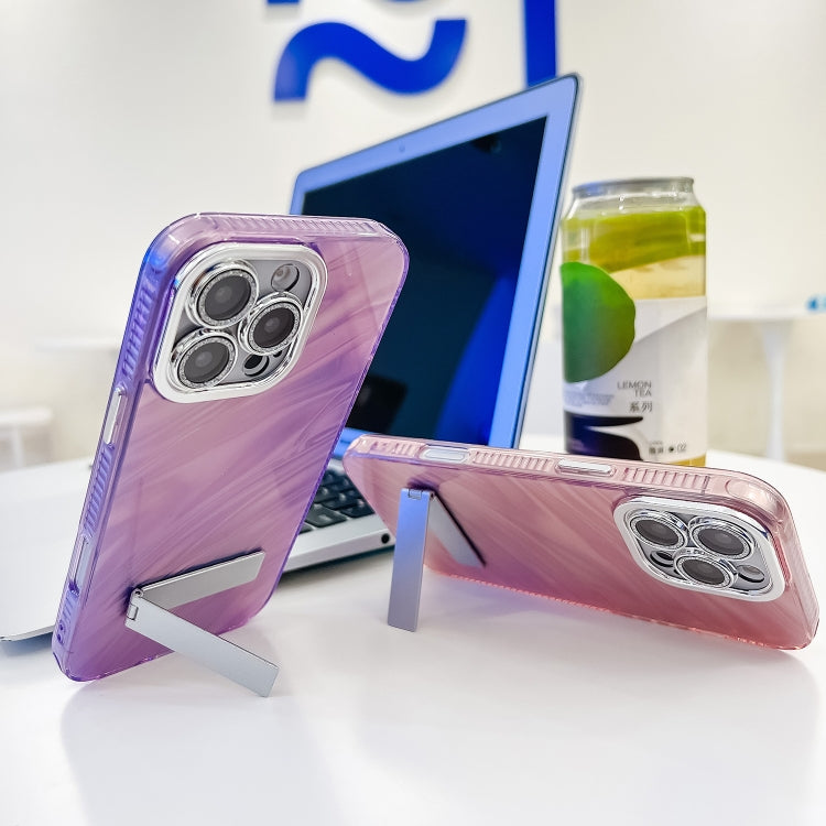 For iPhone 16 Plus Plating Glitter Texture Fold Holder TPU Phone Case with Lens Film(Purple Tinfoil Texture) - iPhone 16 Plus Cases by buy2fix | Online Shopping UK | buy2fix