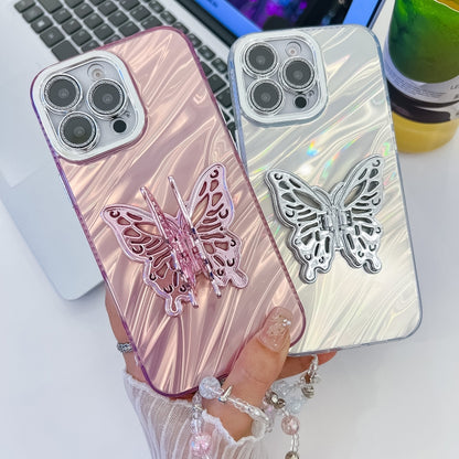 For iPhone 16 Plating Glitter Lens Film Texture Butterfly Holder Wristband Phone Case(Purple Shell Pattern) - iPhone 16 Cases by buy2fix | Online Shopping UK | buy2fix