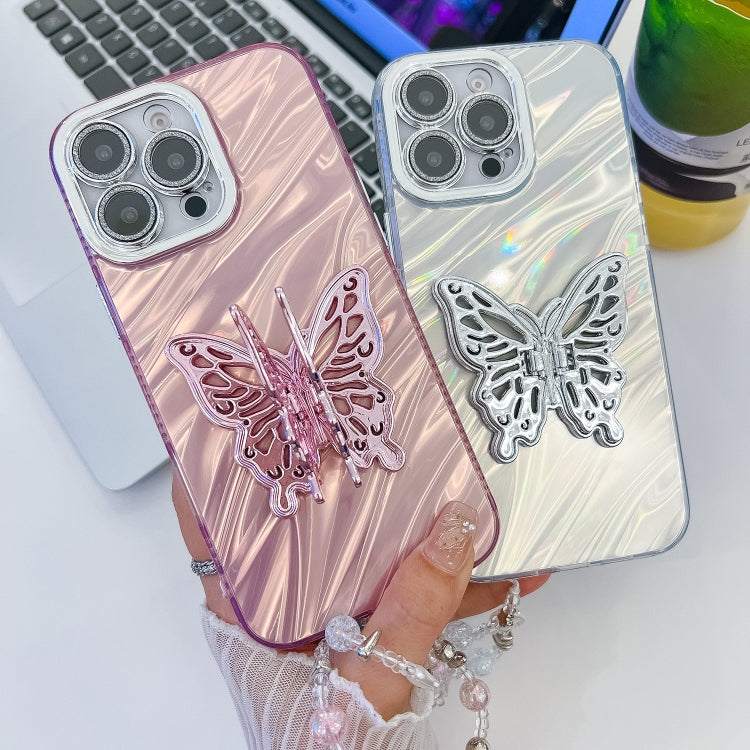 For iPhone 16 Plating Glitter Lens Film Texture Butterfly Holder Wristband Phone Case(Purple Feathers) - iPhone 16 Cases by buy2fix | Online Shopping UK | buy2fix