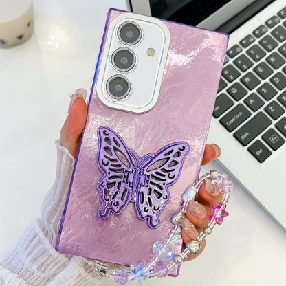 For Samsung Galaxy S25+ 5G Plating Glitter Lens Film Texture Butterfly Holder Wristband Phone Case(Purple Tinfoil Texture) - Galaxy S25+ 5G Cases by buy2fix | Online Shopping UK | buy2fix