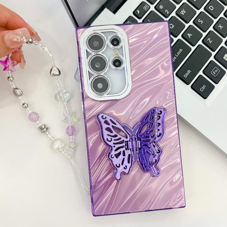 For Samsung Galaxy S25 Ultra 5G Plating Glitter Lens Film Texture Butterfly Holder Wristband Phone Case(White Water Ripples) - Galaxy S25 Ultra 5G Cases by buy2fix | Online Shopping UK | buy2fix