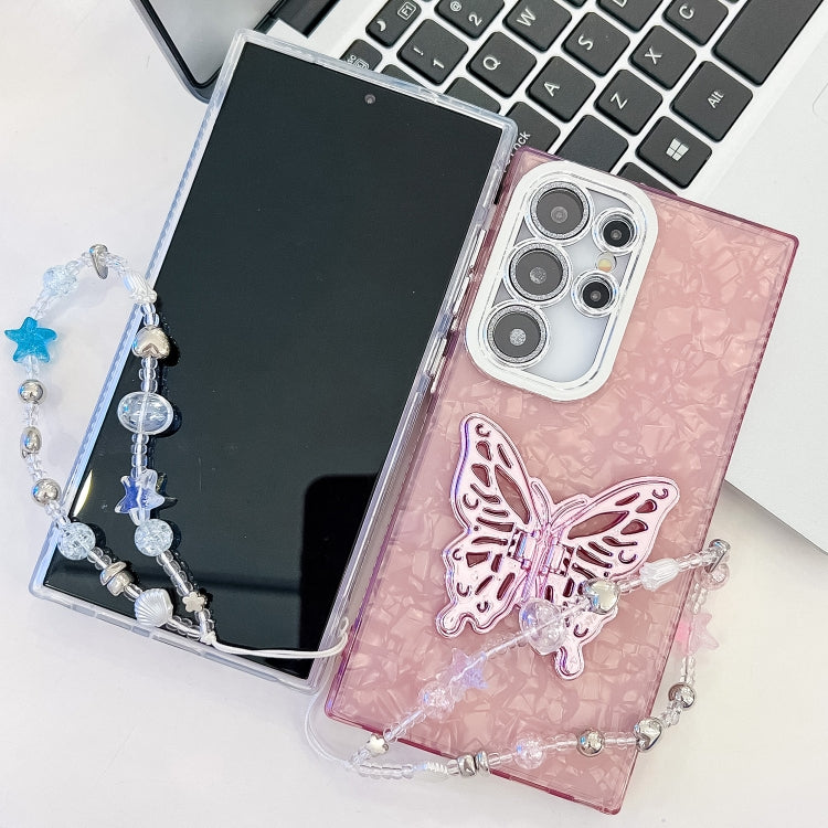 For Samsung Galaxy S25 Ultra 5G Plating Glitter Lens Film Texture Butterfly Holder Wristband Phone Case(Pink Shell Pattern) - Galaxy S25 Ultra 5G Cases by buy2fix | Online Shopping UK | buy2fix