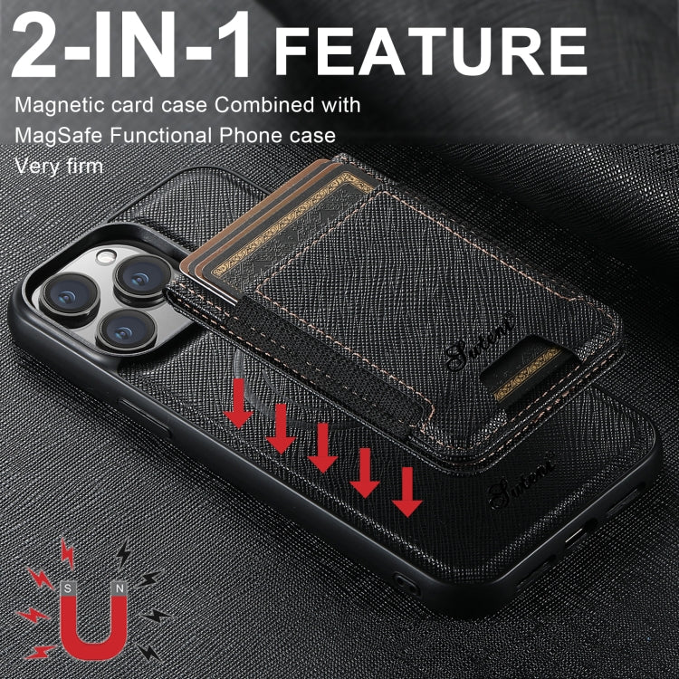 For iPhone 14 Pro Max Suteni H17 Cross Grain Leather MagSafe Detachable Wallet Phone Case(Black) - iPhone 14 Pro Max Cases by Suteni | Online Shopping UK | buy2fix