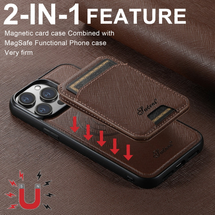 For iPhone 15 Plus Suteni H18 Cross Grain MagSafe Wallet Leather Phone Case(Brown) - iPhone 15 Plus Cases by Suteni | Online Shopping UK | buy2fix