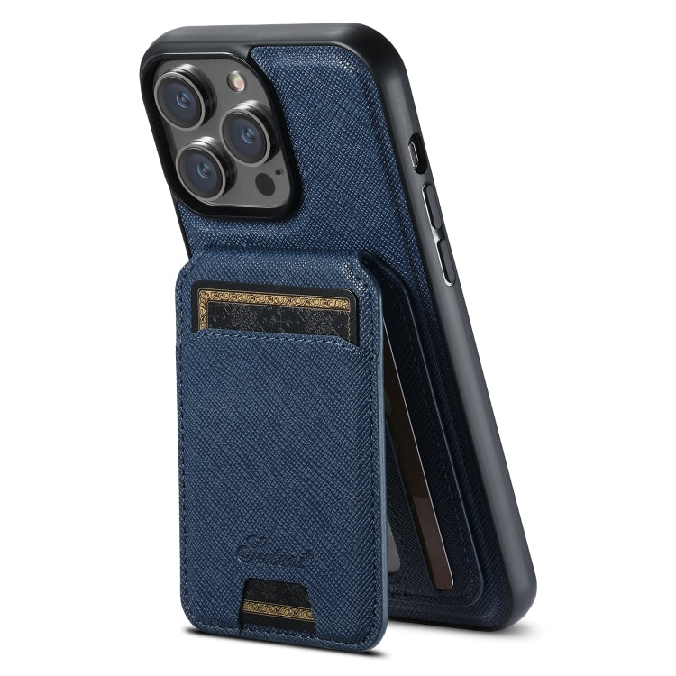 For iPhone 13 Pro Suteni H18 Cross Grain MagSafe Wallet Leather Phone Case(Blue) - iPhone 13 Pro Cases by Suteni | Online Shopping UK | buy2fix