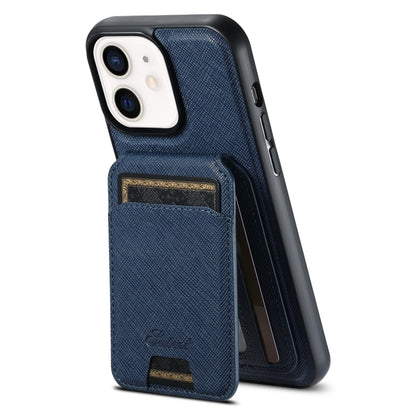 For iPhone 12 Suteni H18 Cross Grain MagSafe Wallet Leather Phone Case(Blue) - iPhone 12 / 12 Pro Cases by Suteni | Online Shopping UK | buy2fix