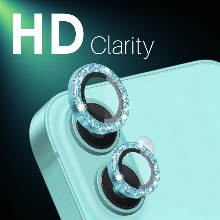 For iPhone 16 / 16 Plus NORTHJO Glitter Camera Lens Protector Tempered Glass Metal Ring Film(Cyan) - iPhone 16 Tempered Glass by NORTHJO | Online Shopping UK | buy2fix