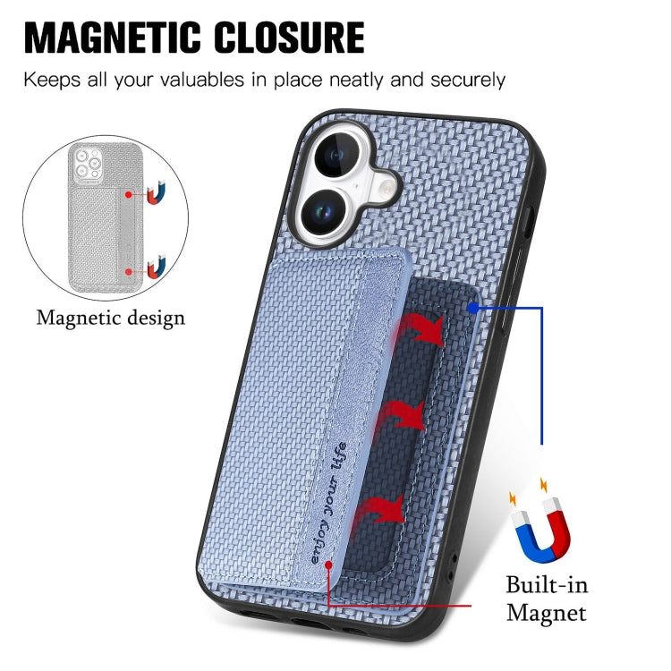 For iPhone 16 Plus Carbon Fiber Magnetic Card Wallet RFID Blocking Phone Case(Blue) - iPhone 16 Plus Cases by buy2fix | Online Shopping UK | buy2fix