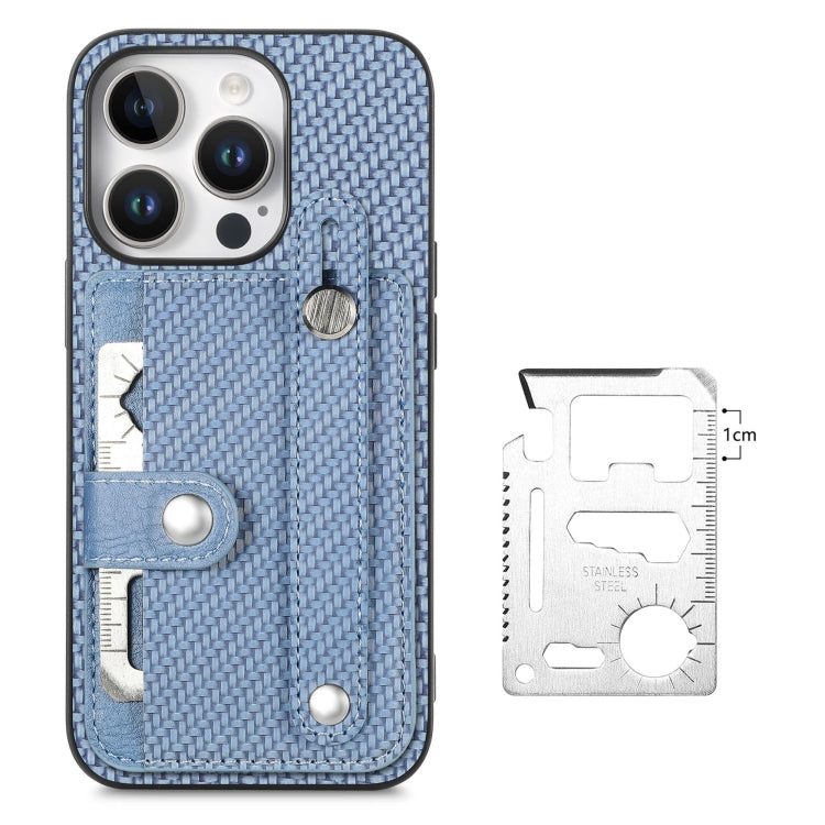 For iPhone 16 Wristband Kickstand Card Wallet Back Phone Case with Tool Knife(Blue) - iPhone 16 Cases by buy2fix | Online Shopping UK | buy2fix