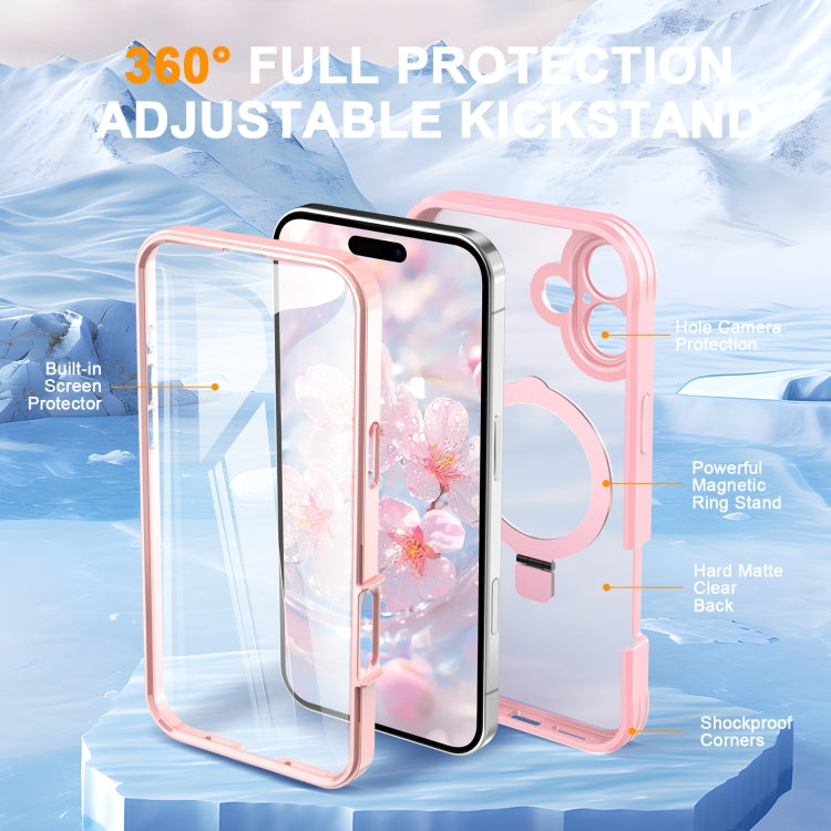 For iPhone 16 Skin Feel MagSafe Holder 360 Full Body Phone Case(Pink) - iPhone 16 Cases by buy2fix | Online Shopping UK | buy2fix